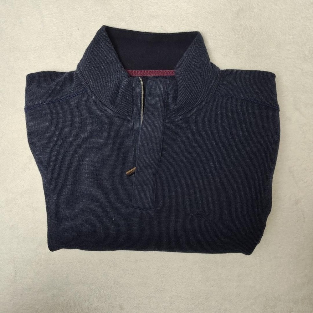 Tommy Bahama Sweater‎ Mens L Blue Waffle-Knit Mock Neck 1/4 Zip Pullover Logo